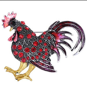 Red Rooster Brooch Pin - Black & Red Enameling with Red Rhinestones